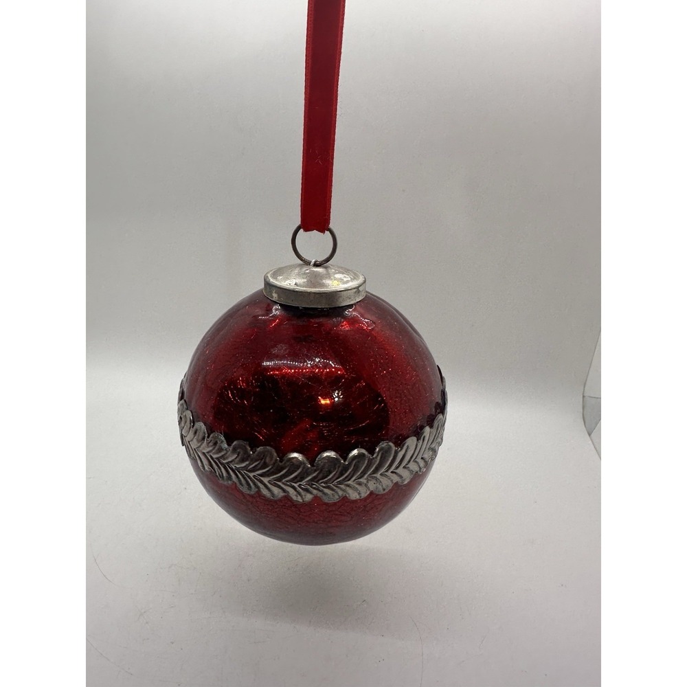 Large Red Crackle Glass Christmas Ball Ornament Metal Leaf Band 4" Vintage Style